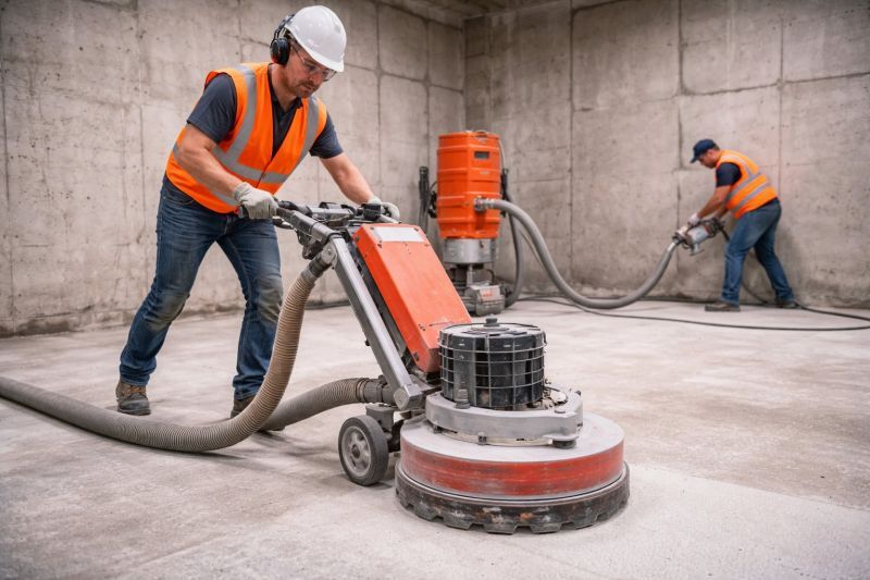 Crew running a planetary floor grinder with dust extraction on a concrete slab